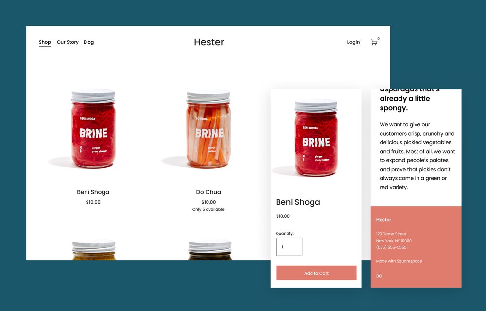 Screenshot of an online store selling pickled vegetables in jars labeled "BRINE", on a dark, blue-green background